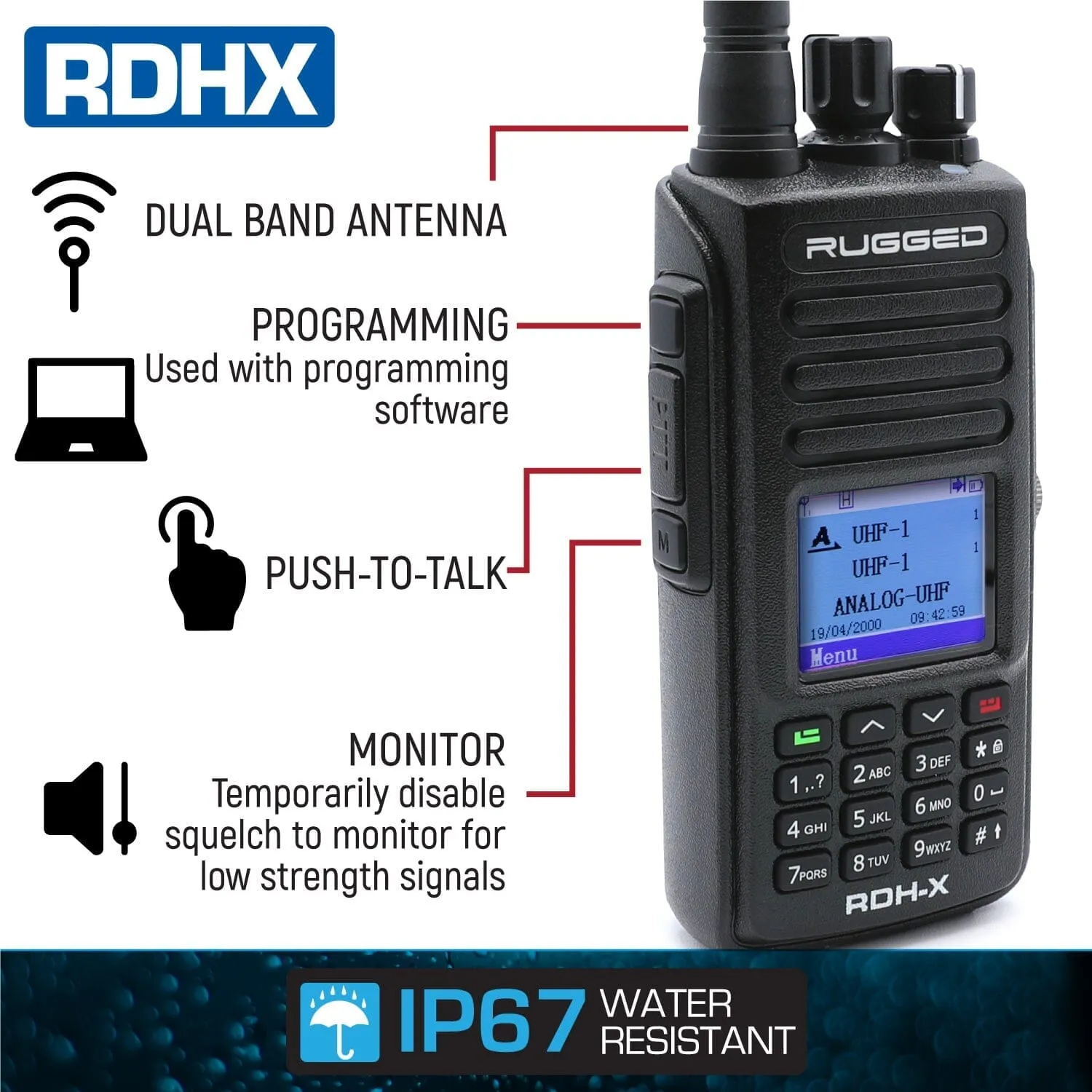 Rugged RDH-X Waterproof Dual Band Handheld Radio - Black